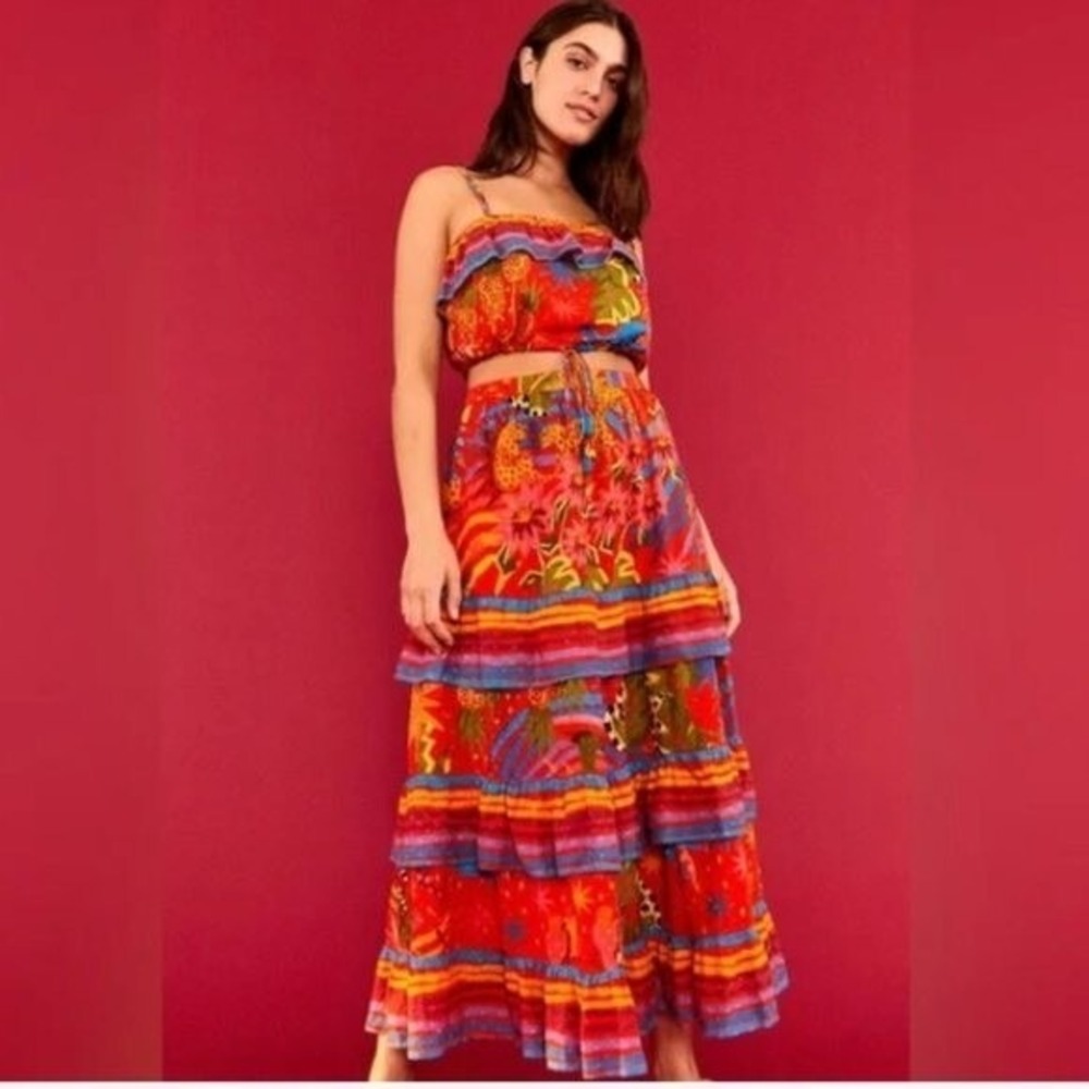 Farm‎ Rio Red Mixed Red Magic Forest Tiered Maxi Skirt Boho | Size Small